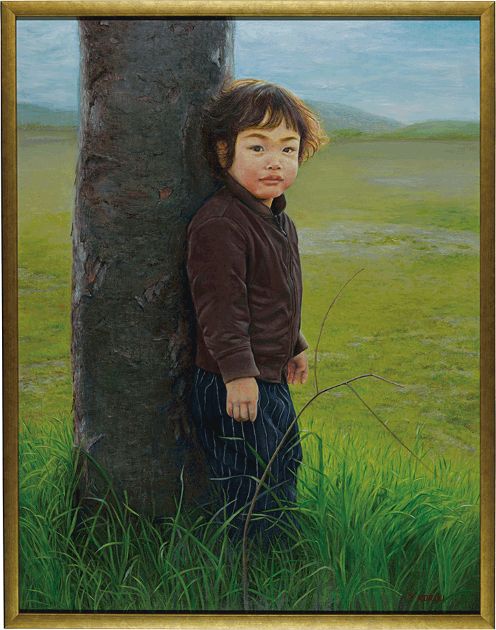 「木にもたれる子供」  高力由美子(こうりき ゆみこ) ※高は「はしご高」