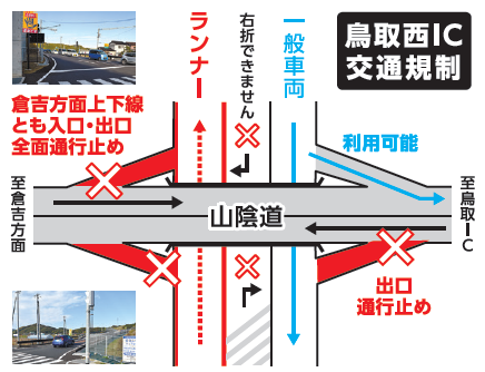 詳細地図：鳥取西IC西側、東側ランプ出口全面通行止め