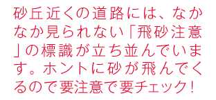 砂丘近くの道路には、なかなか見られない「飛砂注意」の標識が立ち並んでいます。ホントに砂が飛んでくるので要注意で要チェック！