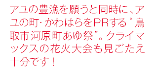 アユの豊漁を願うと同時に、アユの町・かわはらをPRする“鳥取市河原町あゆ祭”。クライマックスの花火大会も見ごたえ十分です！