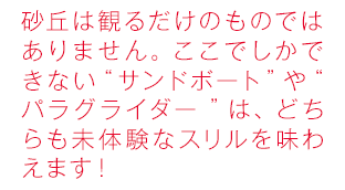砂丘は観るだけのものではありません。ここでしかできない“サンドボード”や“パラグライダー”は、どちらも未体験なスリルを味わえます！