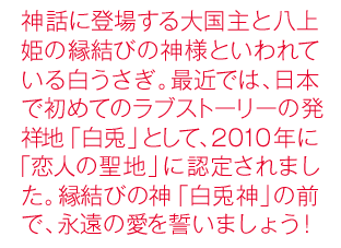神話に登場する大国主と八上姫の縁結びの神様といわれている白うさぎ。最近では、日本で初めてのラブストーリーの発祥地「白兎」として、2010年に「恋人の聖地」に認定されました。縁結びの神「白兎神」の前で、永遠の愛を誓いましょう！