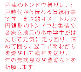 酒津のトンドウ祭りは　江戸時代から伝わる伝統行事です。高さ約４メートルの円錐形のとんどの周りを地元の小中学生が　モクと言う海草で身を清めてからはだしで元気に走り回ります。