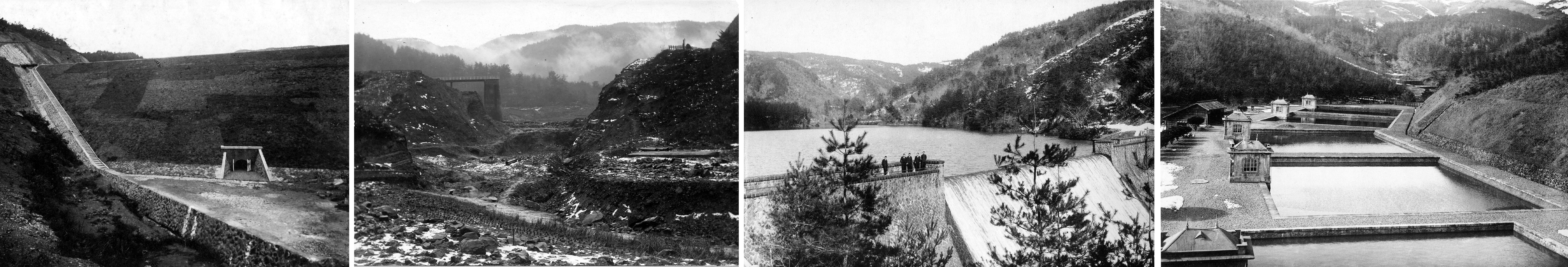 （左）竣工当初の土堰堤（大正4年）　（中央左）台風により堰堤が決壊（大正7年）　（中央右）復旧した重力式堰堤（大正11年）　（右）5号濾過池を増設（昭和4年）​の画像