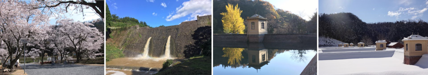 （左）春（受付棟周辺）　（中央左）夏（美歎ダム周辺）　（中央右）秋（3号濾過池周辺）　（右）冬（濾過施設周辺）​の画像