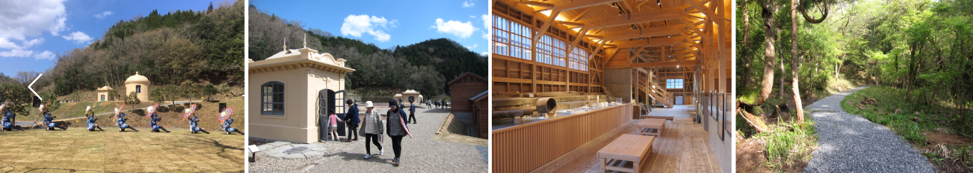 （左）芝生広場（1,000平方メートル）　（中央左）濾過施設　（中央右）ガイダンス展示施設　（右）貯水池周遊路（2キロメートル）の画像