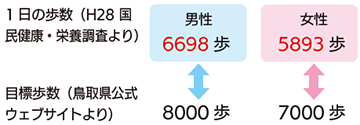 男女別1日の歩数と目標歩数の比較