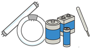 乾電池、蛍光管、水銀温度計