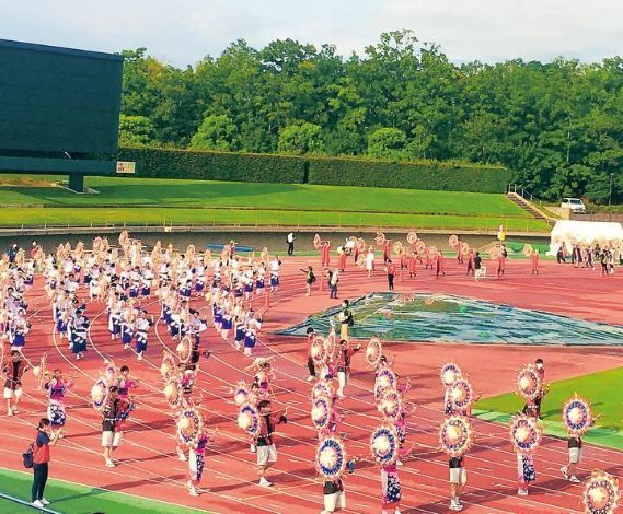 陸上競技場に咲いた傘の花