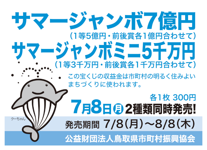 サマージャンボ宝くじとサマージャンボミニ宝くじが各1枚300円で7月8日から8月8日まで発売。